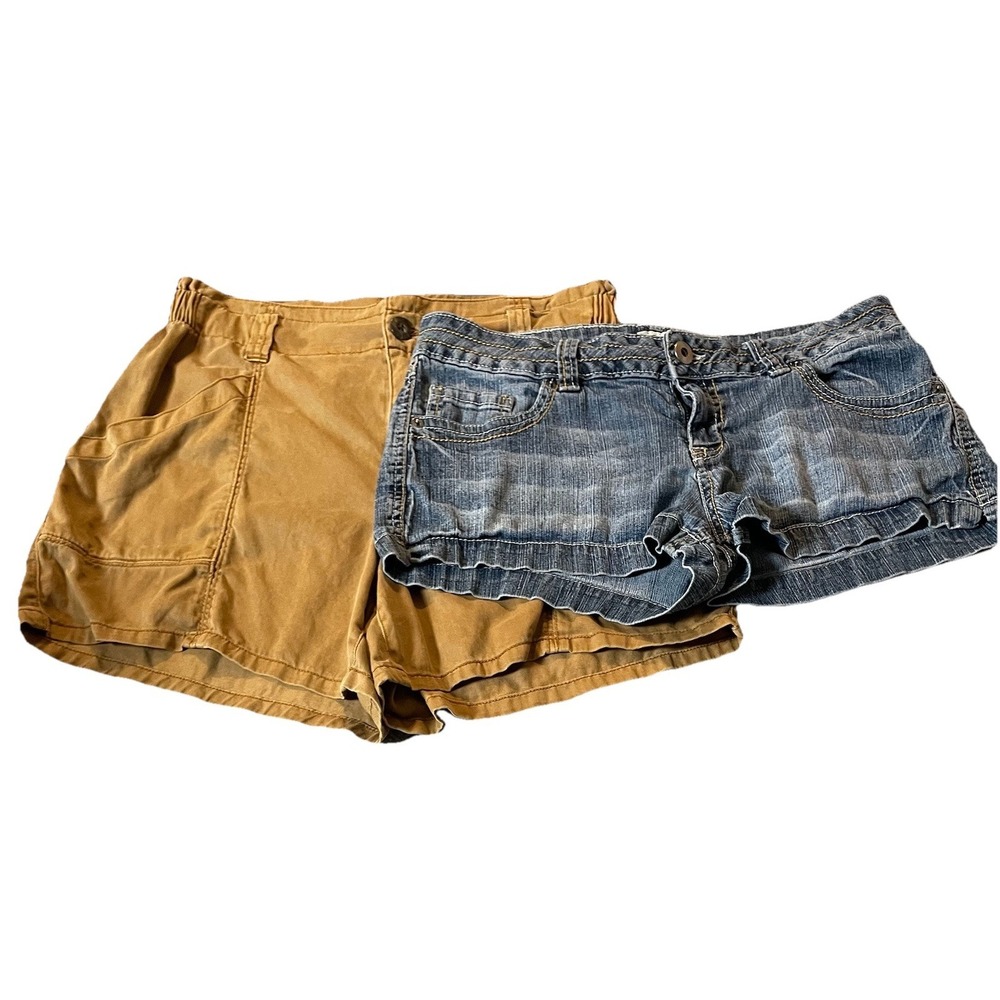 Lot Of 2 Shorts Womens Sz S Tan Blue Denim Ramie Cotton Blend